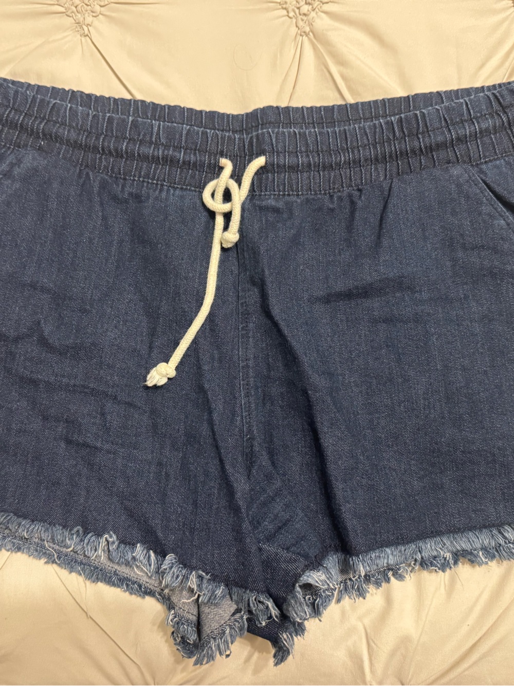 No Boundaries Navy Denim Drawstring Frayed Hem Shorts